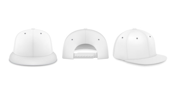 矢量3d逼真的白色空白棒球帽，Snapback帽图标设置特写隔离在白色背景。设计模板，模型品牌，广告。正面，背面，侧面图片下载