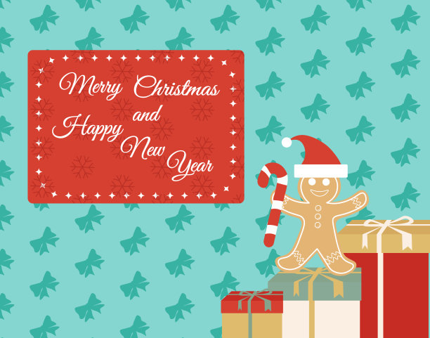 贺卡上有戴着圣诞帽的姜饼人和礼物图片下载