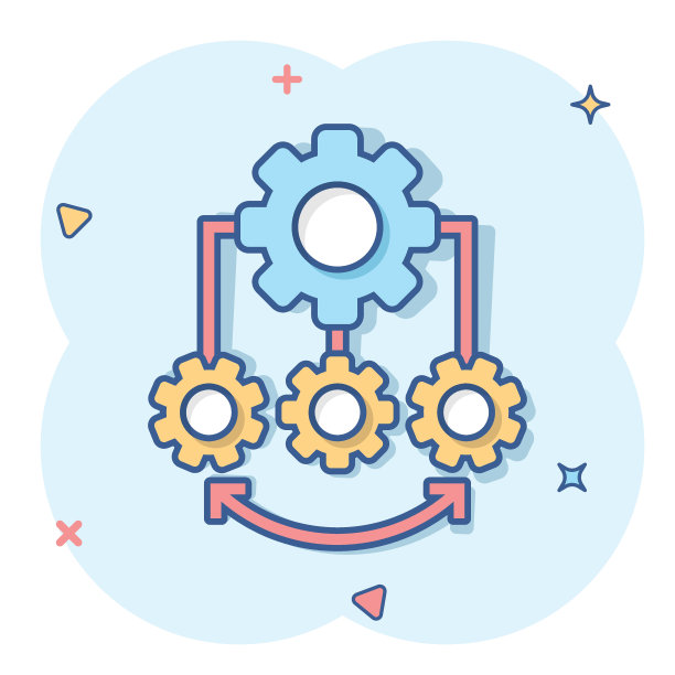 漫画风格的改进图标。齿轮项目卡通矢量插图在白色孤立的背景。生产力飞溅效应商业概念。图片下载