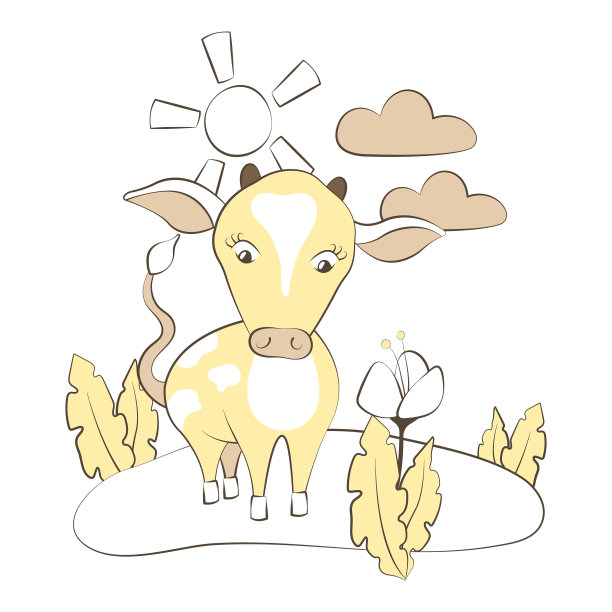 可爱的卡通奶牛或公牛在草地上吃草。明亮和舒适的婴儿插画的书，杂志，涂色书，笔记本，t恤，儿童商品和服装。春天或夏天的农场图片图片下载