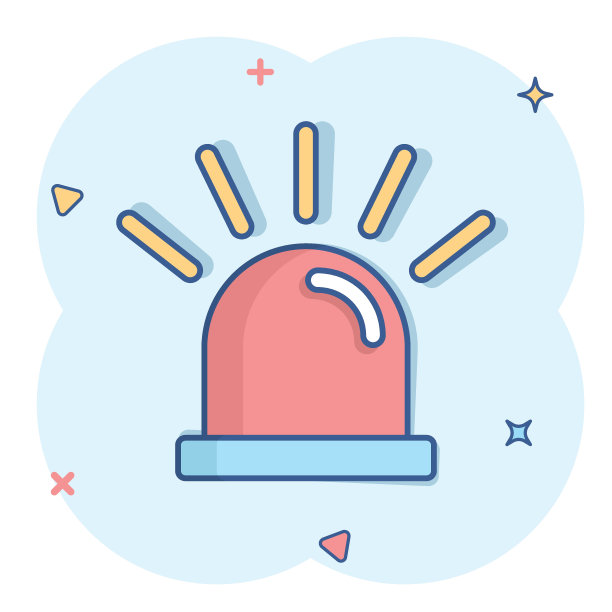 漫画风格的紧急警报器图标。警察报警矢量卡通插图在白色孤立的背景。医疗警报商业概念溅射效应。图片下载