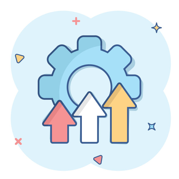 漫画风格的改进图标。齿轮项目卡通矢量插图在白色孤立的背景。生产力飞溅效应商业概念。图片下载