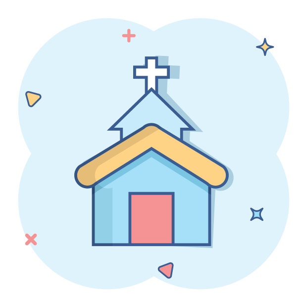 漫画风格的教堂图标。教堂矢量卡通插图在白色孤立的背景。宗教建筑商业理念溅射效应。图片下载