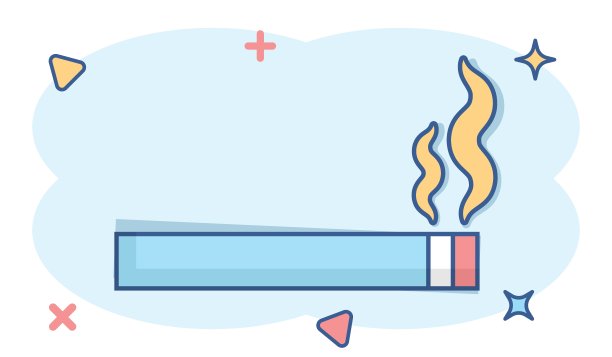 漫画风格的香烟图标。烟雾卡通矢量插图在白色孤立的背景。尼古丁飞溅效应的经营理念。图片下载