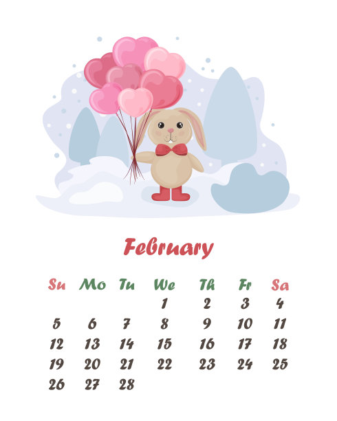 2月的日历。可爱的日历，上面有一只恋爱中的兔子，还有心形的气球。冬天插画与一个可爱的兔子气球。向量图片下载