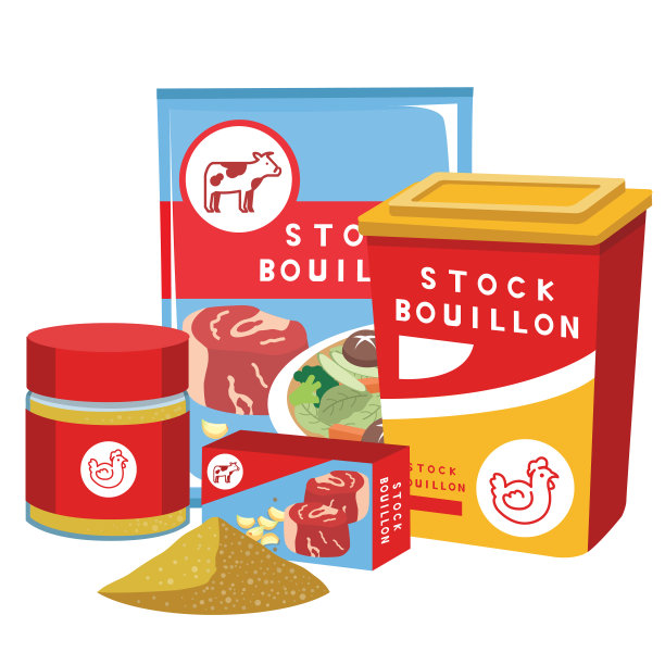 干鸡调味粉和牛肉高汤粉在白色背景的股票插图图片下载