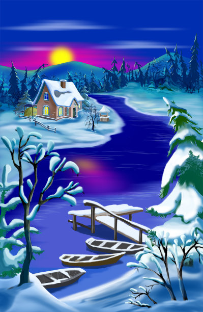 冬天河边的小屋风景图片下载