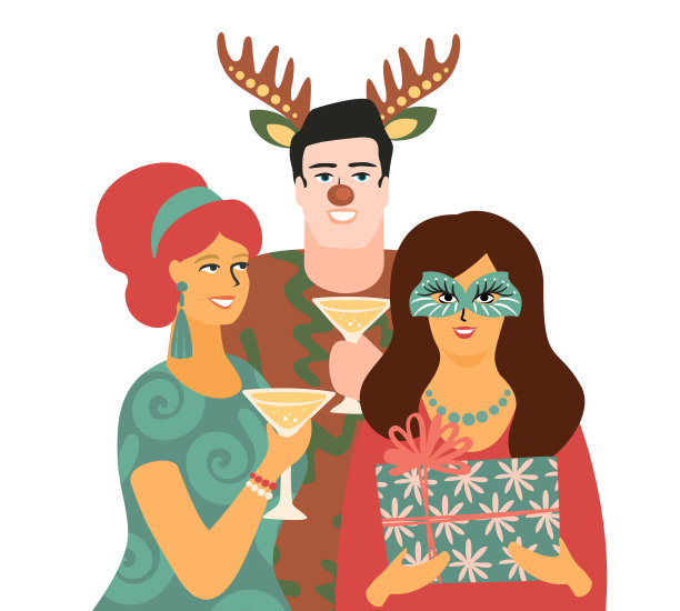 圣诞和新年的独立插画，人们穿着狂欢节的服装。矢量设计图片下载