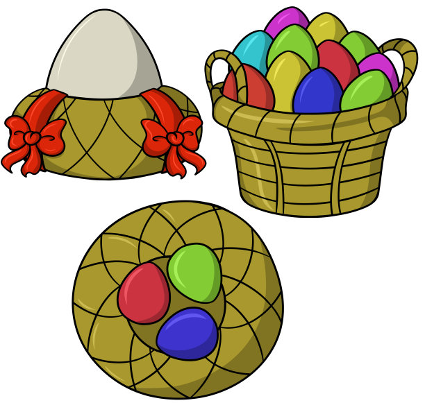 一组图像，篮子里的彩色鸡蛋，节日的构图图片下载