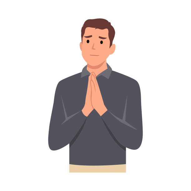 年轻人双手合十祈祷。时髦的人握着手掌祈祷。平面矢量插图孤立在白色背景上图片下载