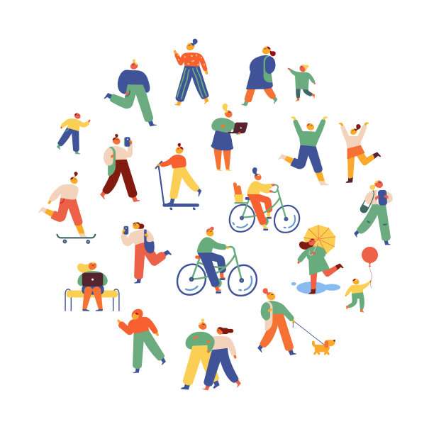 城市人。人群。可爱的人走在户外平面向量集图片下载