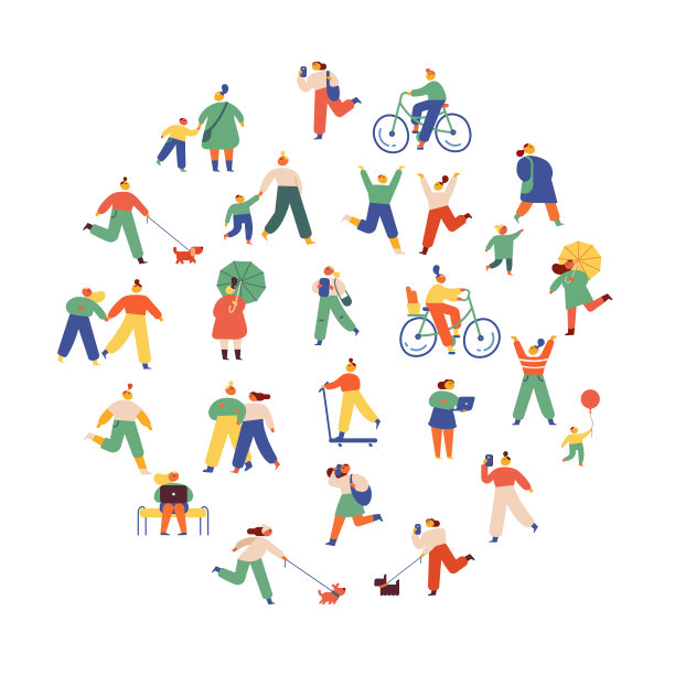 城市人。人群。可爱的人走在户外平面向量集图片下载