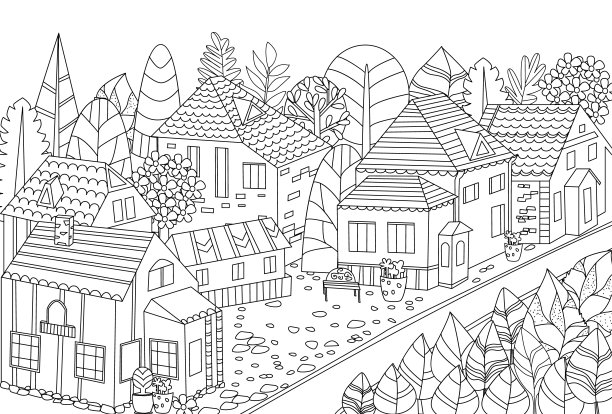 快乐的城市风景，花式的树木，供你涂色图片下载