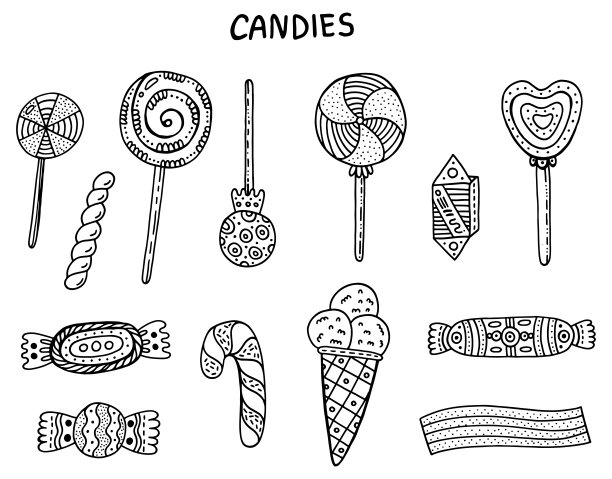 线艺术糖果集合。画出美味的食物。棒棒糖向量组图片下载