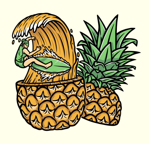 冲浪在菠萝矢量插图图片下载