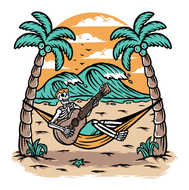 骷髅头在海滩上弹吉他图片下载