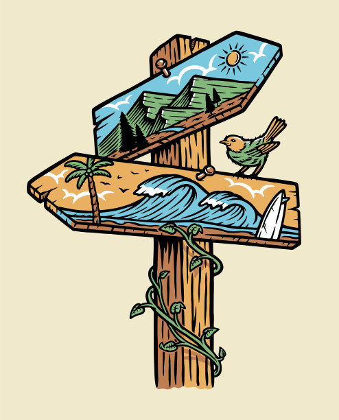 通往山和海滩的路标图片下载