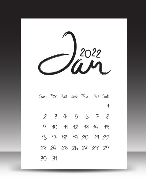 日历2022年，刻字日历，2022年一月模板，台历2022模板，周开始周日，文具设计，印刷媒体，出版物设计，矢量图片下载