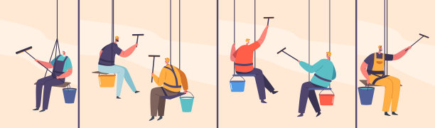 清洗巨大建筑玻璃的洗窗工。专业的清洁工图片下载