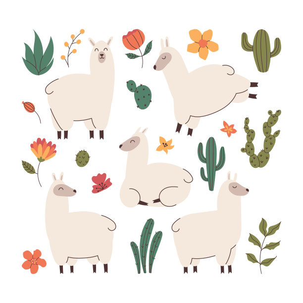 收藏手工绘制的羊驼和仙人掌元素，热带花卉图片下载