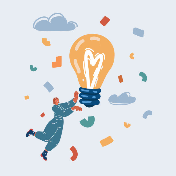 矢量插图的妇女持有的灯泡浮动飞行在天空高。大创意解决问题，发明创新驱动增长。图片下载