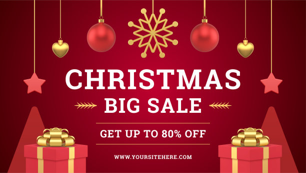 圣诞大减价溢价红色光泽网络横幅模板挂玩具逼真的3d图标矢量图片下载