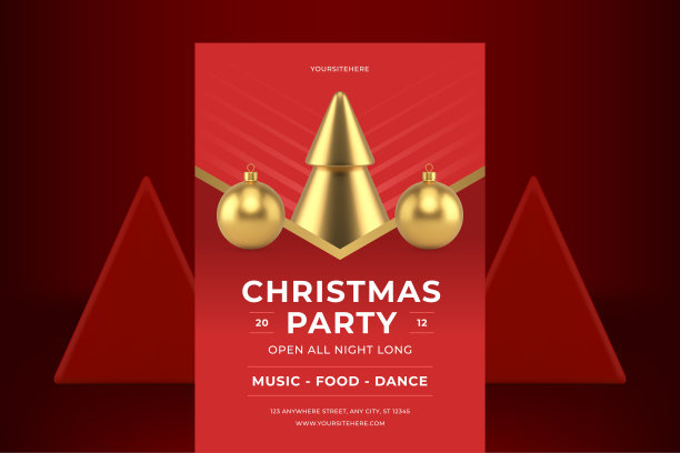 高级红色圣诞派对广告传单模板金色小玩意儿逼真的3d图标矢量图片下载