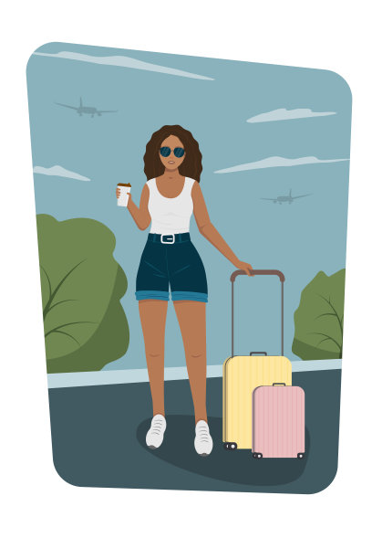 一名年轻女子带着行李，背景是天空中的飞机图片下载