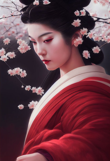 艺妓与樱花的3D插图图片下载