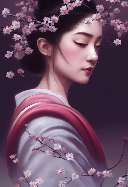 艺妓与樱花的3D插图图片下载