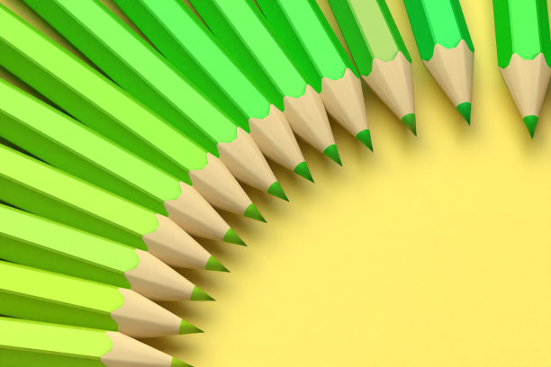 许多绿色铅笔在黄色背景上的3d渲染，3d插图图片下载