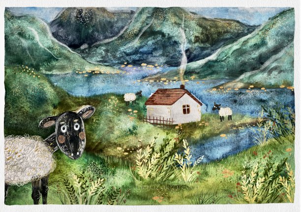 手绘绵羊乡村风景画图片下载