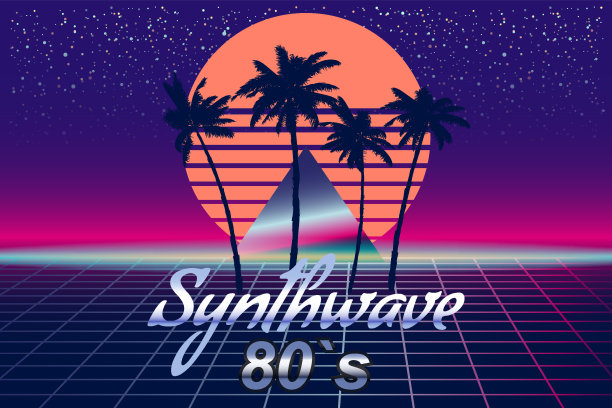 Synthwave 80的复古横幅蒸汽波美学背景。手掌剪影三角形网格3d，日落逆波图片下载