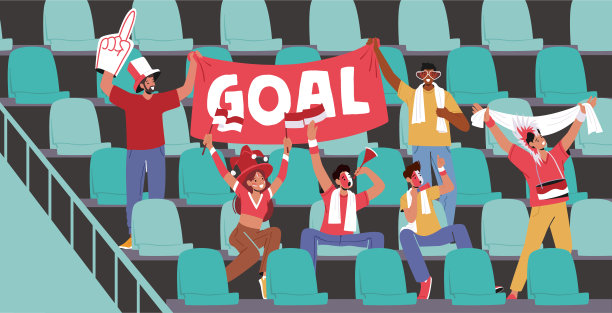 欢乐的球迷，男女角色，穿着运动俱乐部的制服，手里拿着旗帜，坐着为托雷斯欢呼图片下载
