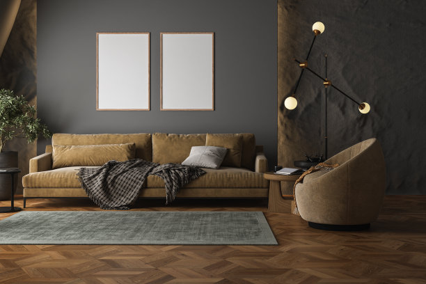 客厅采用灰色和黑色的颜色。空白的空框架。极简风格的设计，冬季的概念。现代沙发有棕色调的颜色。植物，地毯，壁炉，拼花地板，雪，窗户。三维渲染图片下载