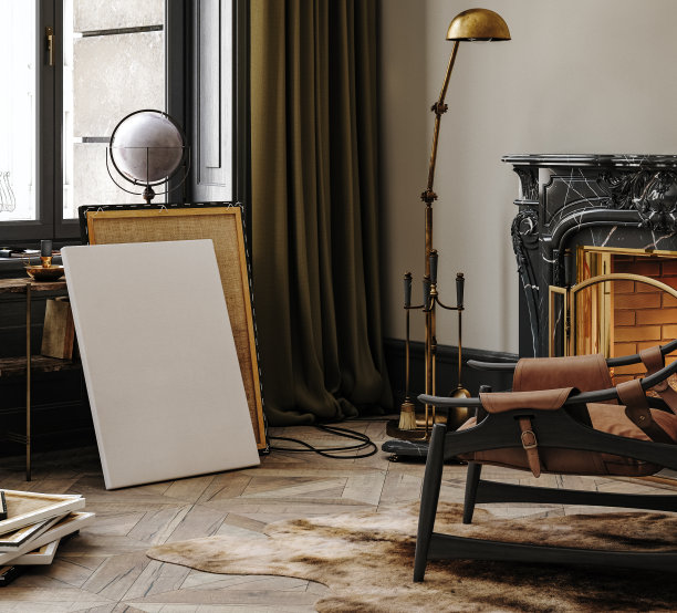 帆布模型在现代阁楼内部燃烧的壁炉图片下载