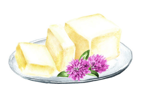 黄油放在盘子里。手绘水彩插图孤立在白色背景图片下载