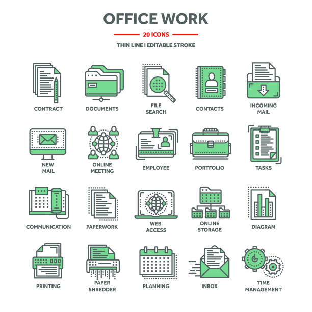 商务和办公室工作，计划和调度。每日计划，雇员，工作日。办公工具和文具用品，文件，文书。细线网页图标设置。矢量图图片下载