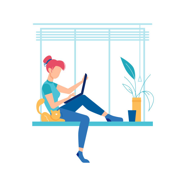 自由职业者坐在窗户上，在家工作。孤独的女人用笔记本电脑在商业项目上头脑风暴。平面卡通风格中的人物或人物、矢量图片下载