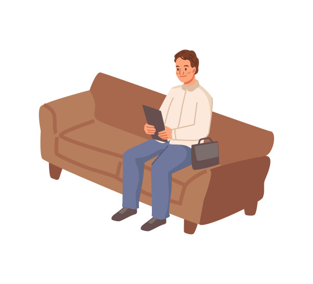 员工坐在办公室沙发上阅读报告或文件。孤立的男性角色，经理或业务伙伴与一张纸。矢量平面卡通风格图片下载