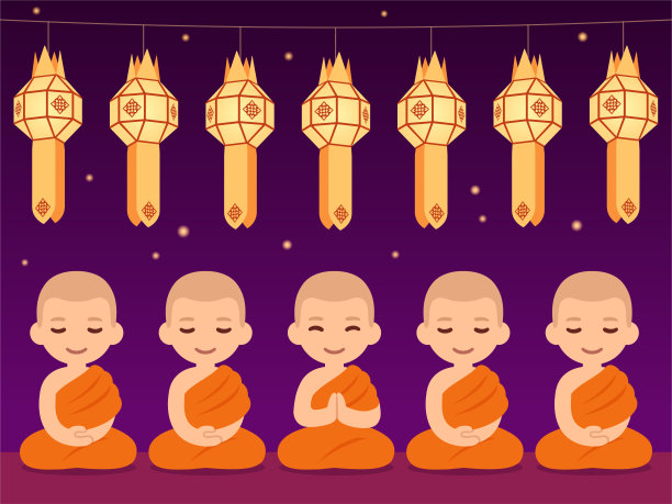 泰国佛教僧侣和纸灯笼图片下载