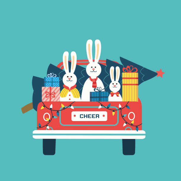快乐的兔子在红色圣诞卡车vector图片下载