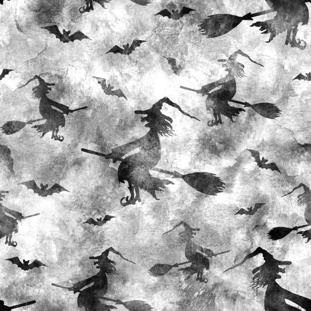 笑容可掬的邪恶女巫骑在扫把上的剪影图片下载