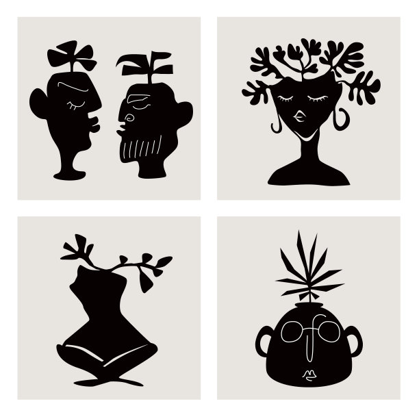 时髦的现代艺术植物，极简抽象怪脸花瓶海报组，矢量插画图形版画图片下载
