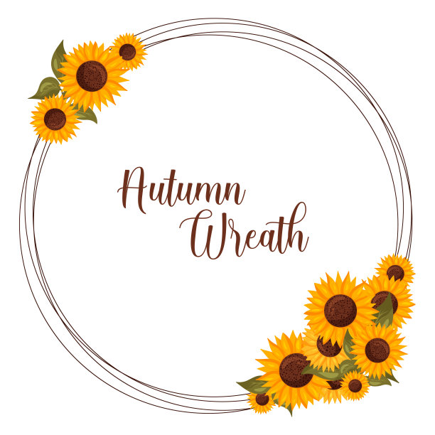 秋天花环与向日葵与空间的文字。矢量插图孤立的白色背景。图片下载