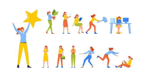 商业女性工作活动和场景集。女性角色抱星，抬盆栽，鼓掌和工作图片下载