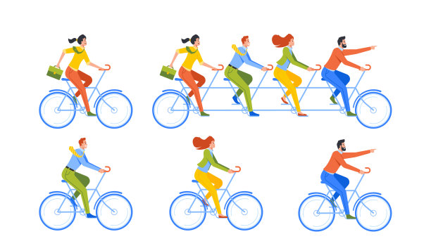 商业人士骑自行车，同事团队合作，共同实现目标和成功的成就矢量插画图片下载