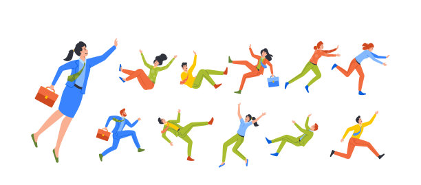 一组商业字符落在白色背景上孤立。男人和女人在潮湿的地板上跌倒，店员或雇员图片下载