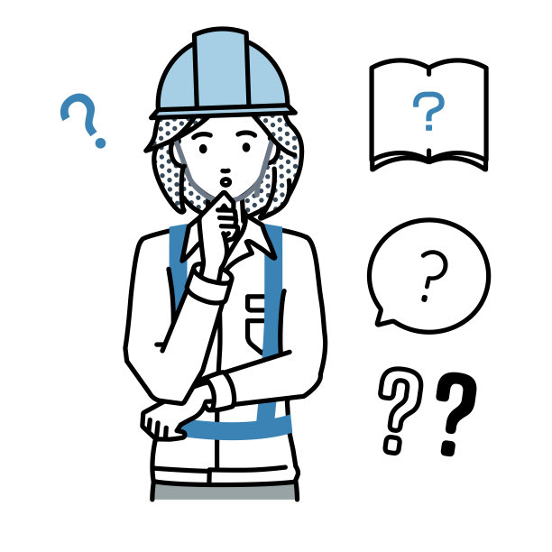 图为，在建筑工地工作的女子，手拿着放在下巴上的问号图片下载