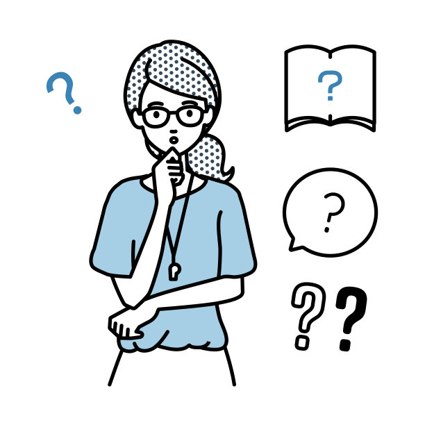 一名女教师拿着考卷站在那里，手指放在下巴上的问号上图片下载